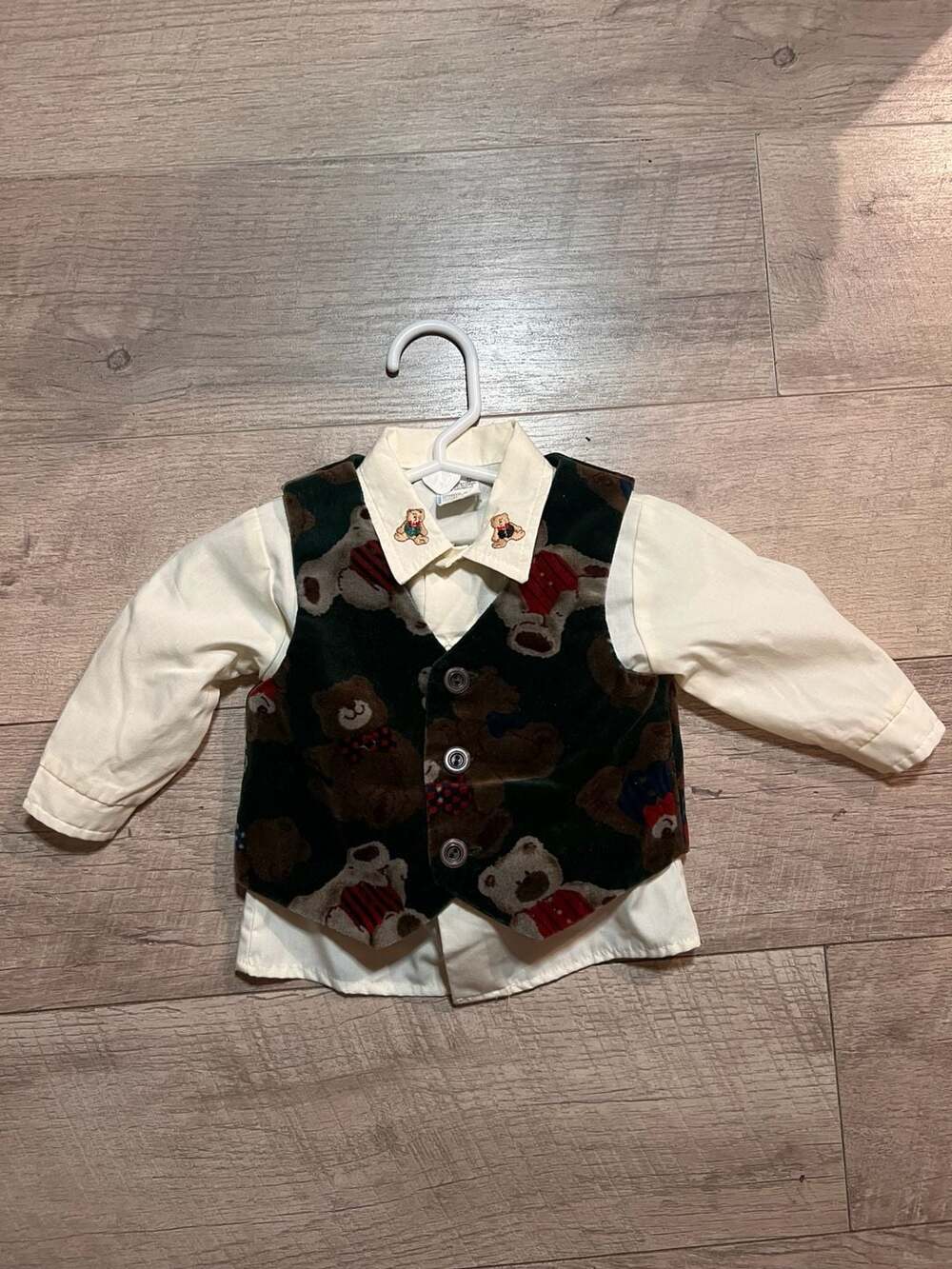 Vintage 90s Teddy Bear Print Vest and Button-Down Shirt Set